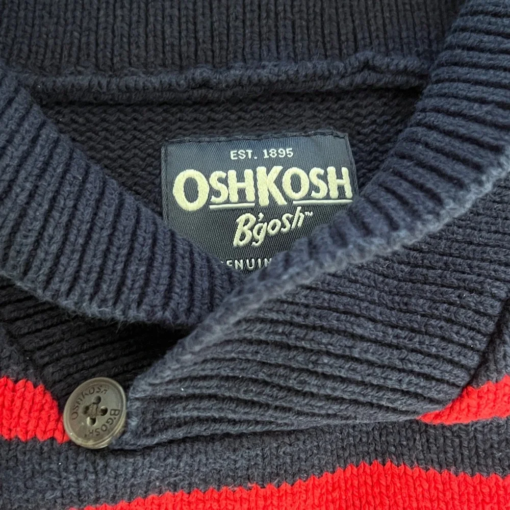 OshKosh B'gosh Shawl Neck Sweater 5 Boys Striped Navy Blue Red OSH11774-SSI